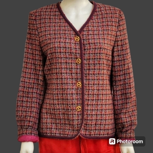 true Vintage KORET Pink Plaid Metallic Tweed Preppy Blazer - Picture 1 of 10